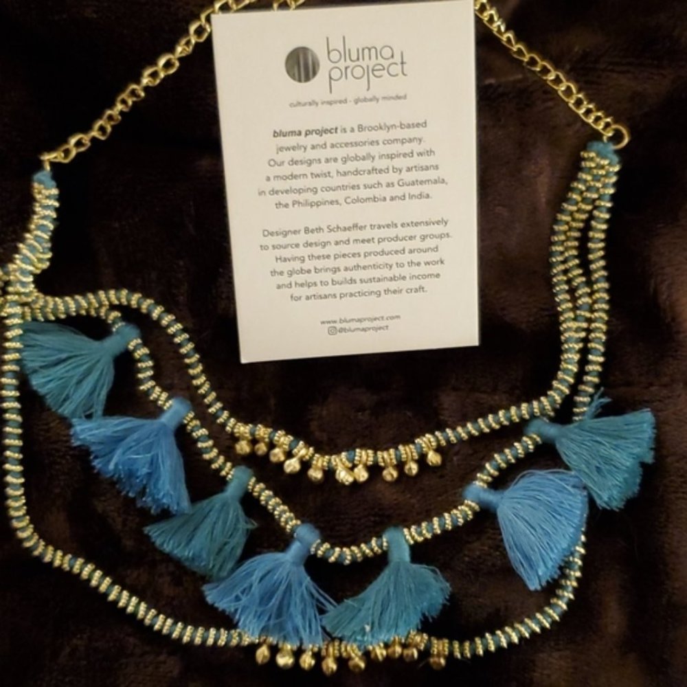 Bluma Project Bead & Fringe Tassel Necklace in Lagoon Blue NEW